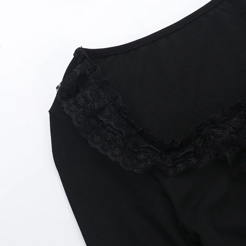 Goth Black Lace Trim Long Sleeve T-Shirts Vintage Sexy Lace-up Square Collar Tops with Choker Cross Women Autumn Tees