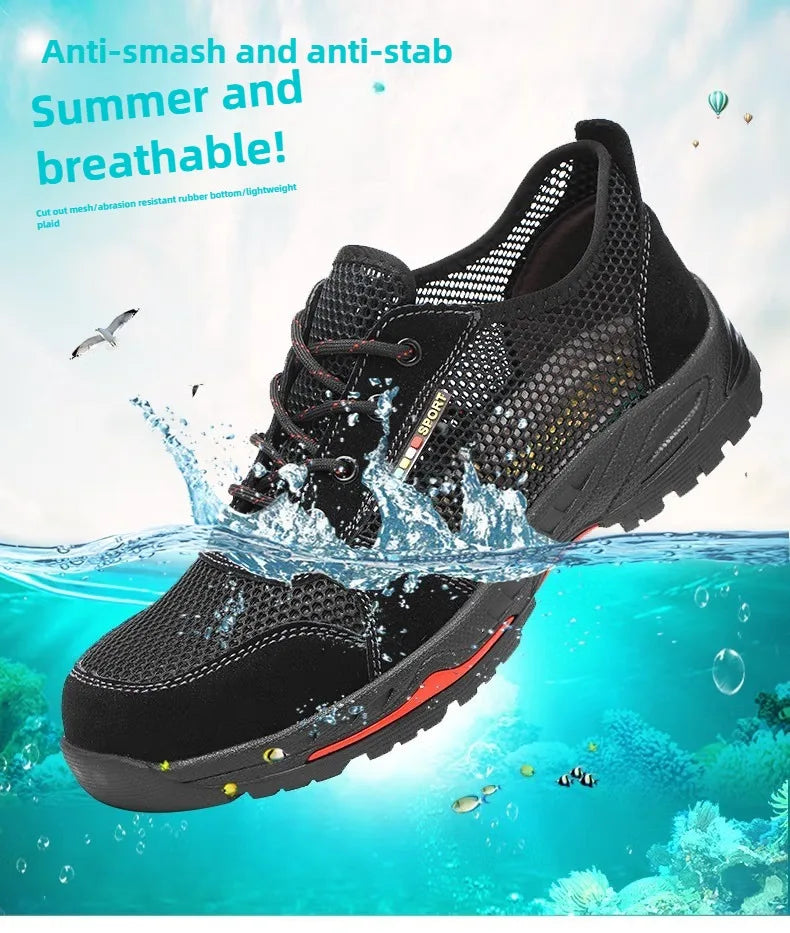 Summer Black Safety Shoes with Steel Toe Lightweight Mesh Ventilation  Puncture-proof Durable Impact-resistant Cool Comfortable