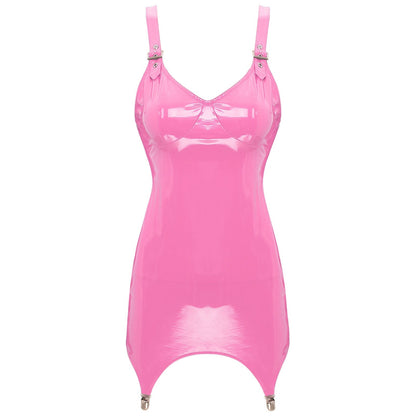 Womens Bodycon Tight Mini Dress Glossy Patent Leather Sexy Latex Club Dress with Garter Clips Back Zipper Rave Party Clubwear
