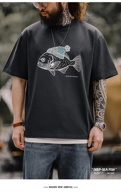 Maden Vintage Flocked Print Short-sleeved T-shirts Animal Pattern Cotton Round Neck Tops for Men's Summer Casual Loose Fit Tee
