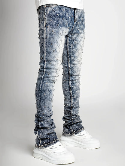 Men's denim fashion personality straight leg men's pants European and American fashion Instagram hot item elastic pearl denim la