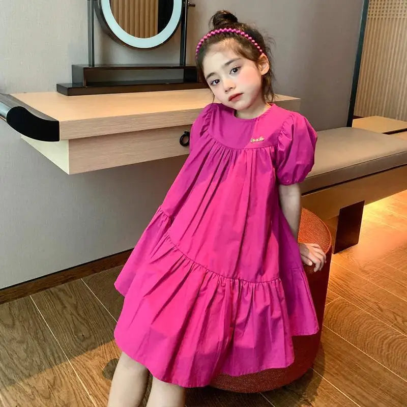 Girls Sweet Dress Summer Children Princess Gown Kids Spring Casual Short-sleeve Vestidos Kids Solid Color Loose Clothing 2-8Y