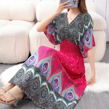 Flower V-neck Elastic Youthful Bohemian Sweet Midi Dress Woman Clothes Chic Fashion Summer Dresses 2025 Large Swing Ski