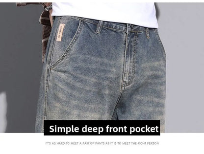 Retro American Style Men's Jeans Loose Fit Heavy Casual Slim Leg Cotton Pants Elastic Waist Korean Denim Jeans for Spring Autumn