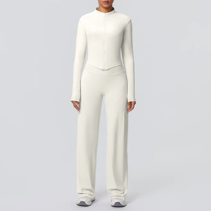 2pieces Quick Drying Sports Fitness Clothing Yoga Set Women Yoga Zipper Long Dleeves High Waisted Breathable Wide Leg Pants Set