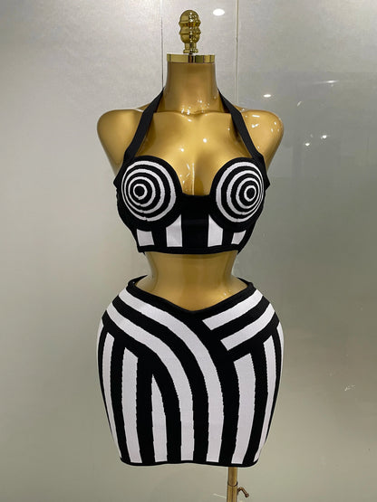 Women Celebrity Sexy Jacquard Black White Two Piece Bodycon Striped Bandage Skirt Set Designer Evening Party Dress