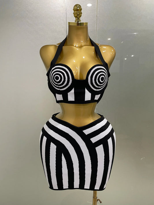 Women Celebrity Sexy Jacquard Black White Two Piece Bodycon Striped Bandage Skirt Set Designer Evening Party Dress
