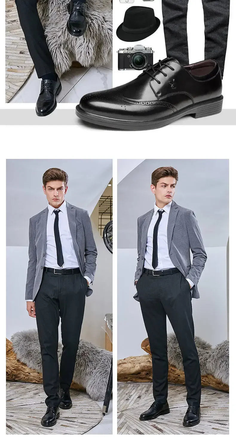 Men's Dress Brogues Elevator Shoes Platform Breathable Casual Business Luxury Genuine Leather Heightening Shoes 6 CM Taller Man