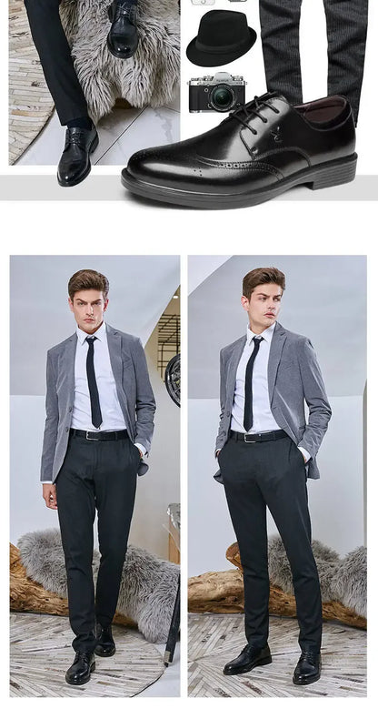 Men's Dress Brogues Elevator Shoes Platform Breathable Casual Business Luxury Genuine Leather Heightening Shoes 6 CM Taller Man