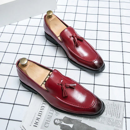 Fashion Men Formal Leather Shoes British Tassels Loafers Pointed Toe Dress Non-Slip Business Casual Red Wedding Office Shoes
