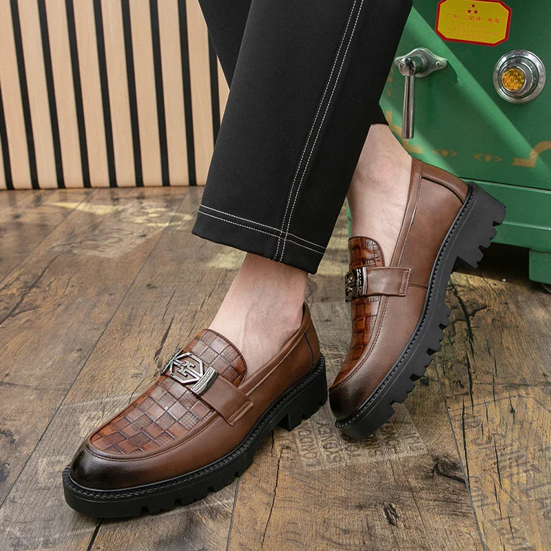 Men Loafers PU Thick Sole Round Toe Checkered Pattern Fashionable Classic Business Formal Shoes