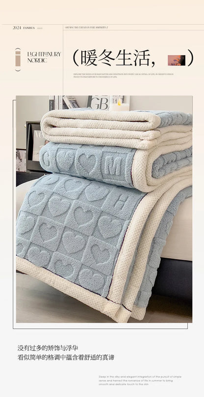 2025 new solid color taffle love blanket light blue fashion flannel office lunch break casual blanket, no pillowcase