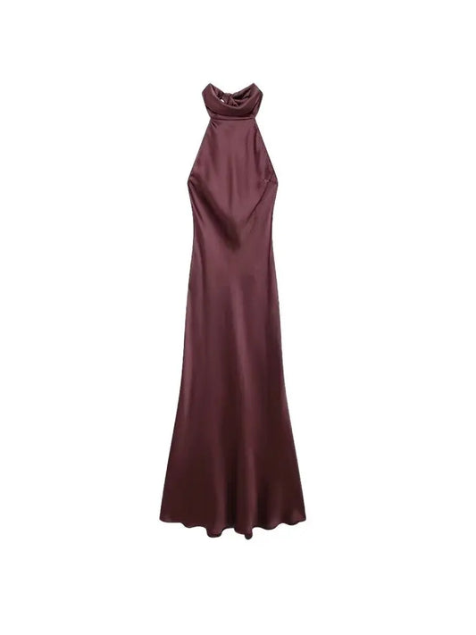 Women's Long Satin Halter Dress, Backless, Bow Tied, Back Zipper, Female Dresses, Sexy Fashion