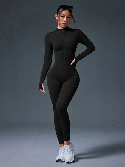 Half Zip Jumpsuit Women Gym Bodysuit Long Sleeve Activewear Set Running Workout Romper Fitness Overalls Sportswear Yoga Clothes