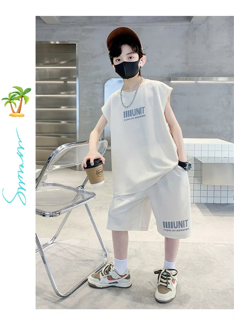 Big Child Cotton Summer Suit for Teens Boy Wing Print Cotton Tshirt + Shorts 2PCS Clothing Set Kids Adult Fashion Street Outfit