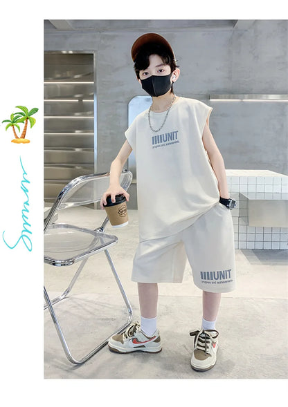 Big Child Cotton Summer Suit for Teens Boy Wing Print Cotton Tshirt + Shorts 2PCS Clothing Set Kids Adult Fashion Street Outfit