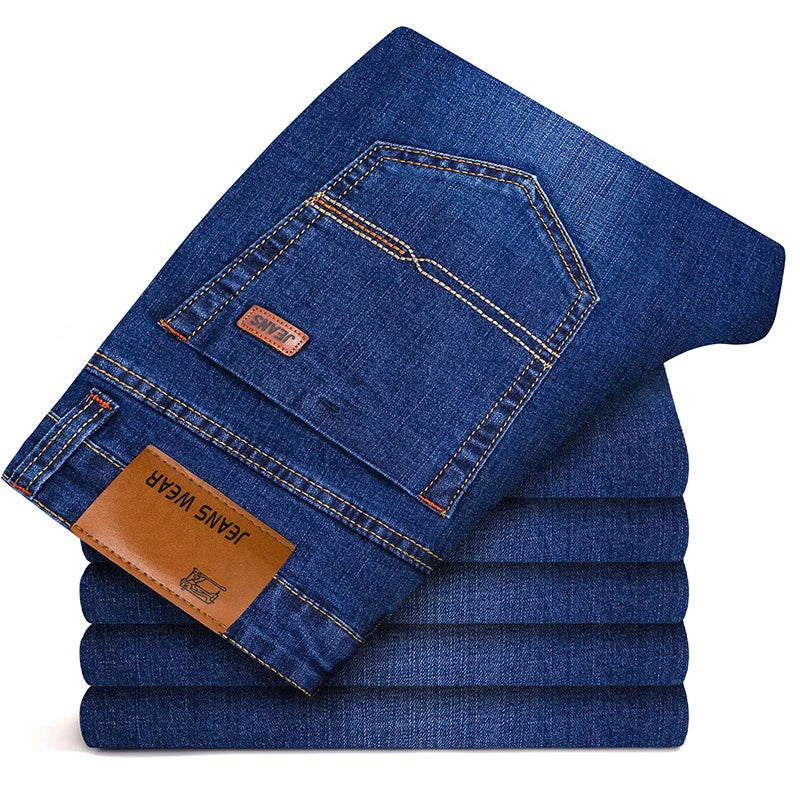 Autumn Classic Men's Fitted Stretch Jeans Business Casual Cotton Denim Straight Leg Pants Male Black Blue Trousers