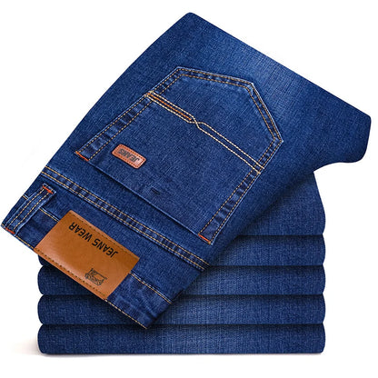 Autumn Classic Men's Fitted Stretch Jeans Business Casual Cotton Denim Straight Leg Pants Male Black Blue Trousers