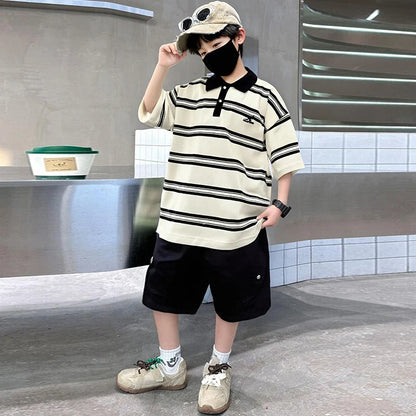 2025 New Kids Boys Cotton Top and Bottom Clothing Set for Child Stripe Polo Shirt + Shorts Two Pieces Summer Outfit Clothes Set