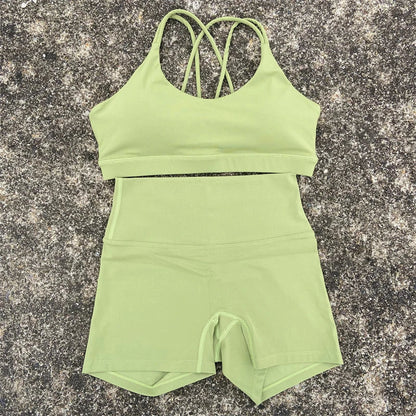 2 Piece Yoga Shorts Set Gym Sports Set Women Workout Outfit Fitness Suit Cross Straps Bra High Waist Shorts Running Tracksuit