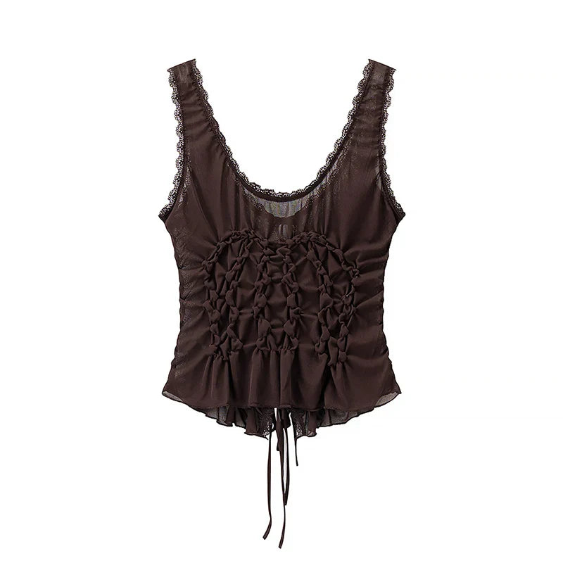Women Fashion Solid Pleated Lace Up Slim Fitting Camis Vintage Straps V-Neck Female Chic Lady Tank Tops