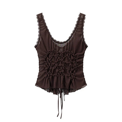 Women Fashion Solid Pleated Lace Up Slim Fitting Camis Vintage Straps V-Neck Female Chic Lady Tank Tops