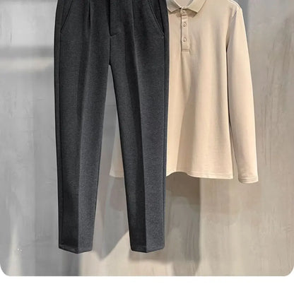 Men's Woolen Straight Leg Casual Pants Autumn Winter Thickened Fashionable Nine Point Pants mid Waist Pure Color Anti-Wrinkle
