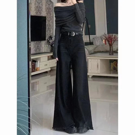 Loose-Fit Slimming Fringe Drag-Ground Micro-Flare Bottom Pants