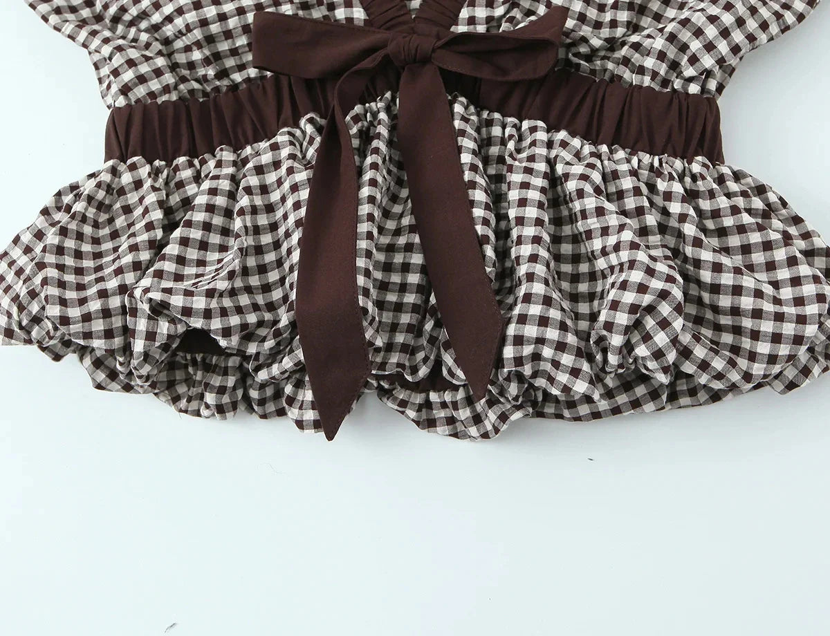Casual Chic Women Tops Plaid V-Neck Sleeveless Bow Folds Short Tops Fashion 2026 Spring Summer Holiday Female Y2K Tops