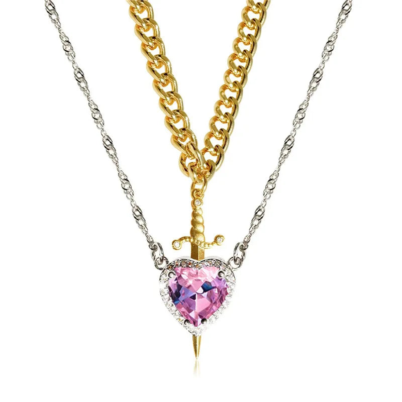 Couple Necklace Heart and Sword Pendant Necklace for Women Gothic Punk Romantic Valentine Day Jewelry Gifts Accessories
