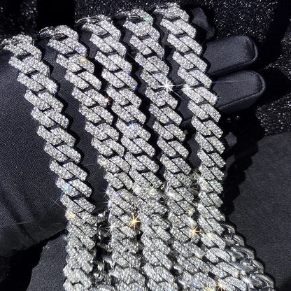 HipHop Men Women 14MM Prong Cuban Link Chain Necklace Bling Iced Out 2 Row Rhinestone Paved Miami Rhombus Cuban Necklace Jewelry