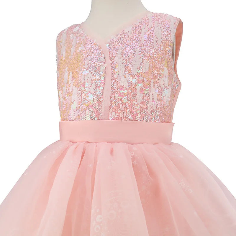 Pink Sequin Lace Wedding Dress+Magic Wand+Crown Outfits 3-13 years Teens Sleeveless fluffy Mesh Gown for girls queen clothes