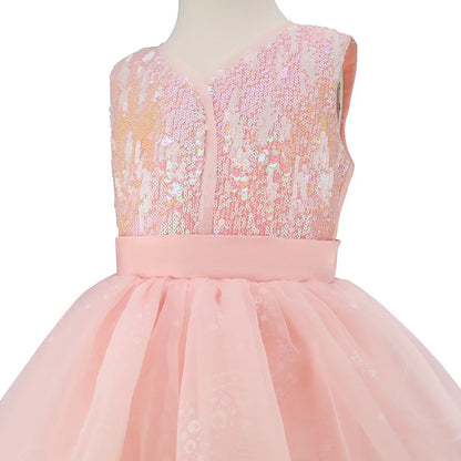 Pink Sequin Lace Wedding Dress+Magic Wand+Crown Outfits 3-13 years Teens Sleeveless fluffy Mesh Gown for girls queen clothes