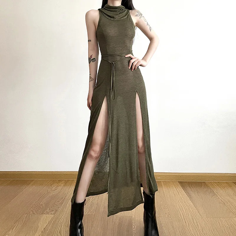 European And American Style Sleeveless Hooded Dress Long Split Hollow out Pure Color Women's Gown