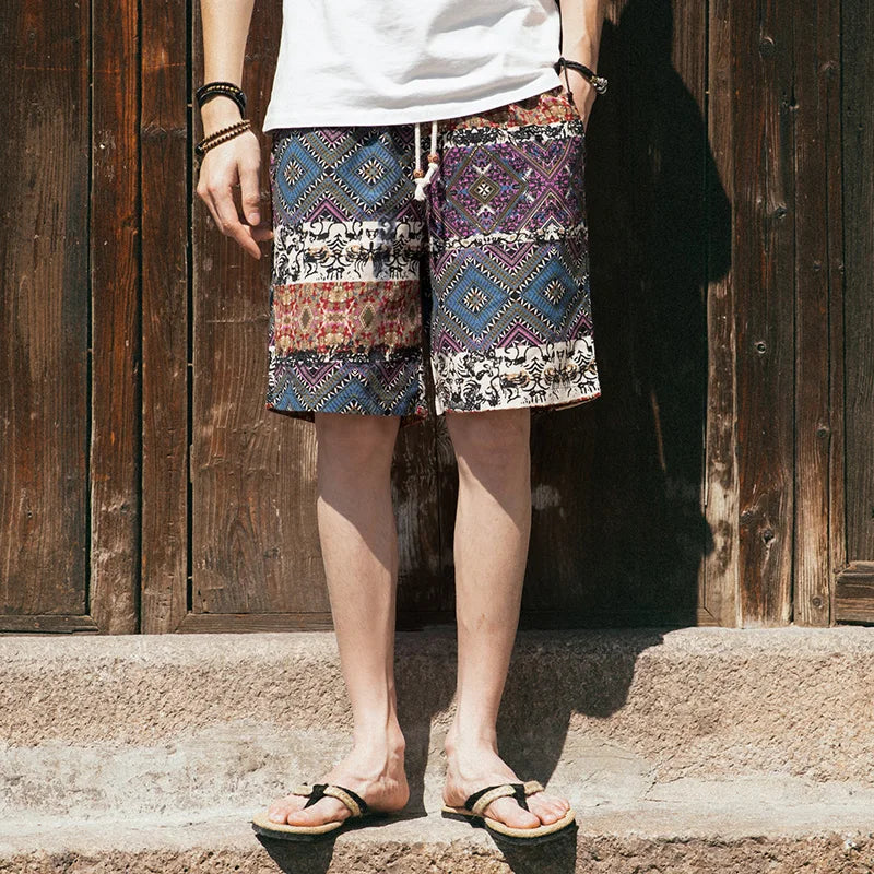 2026 Summer New Boutique Flower Cotton Linen Men's Casual Beach Shorts Men's Comfortable Breathable Leisure Shorts Male XXXXXL
