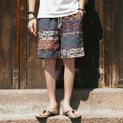 2026 Summer New Boutique Flower Cotton Linen Men's Casual Beach Shorts Men's Comfortable Breathable Leisure Shorts Male XXXXXL