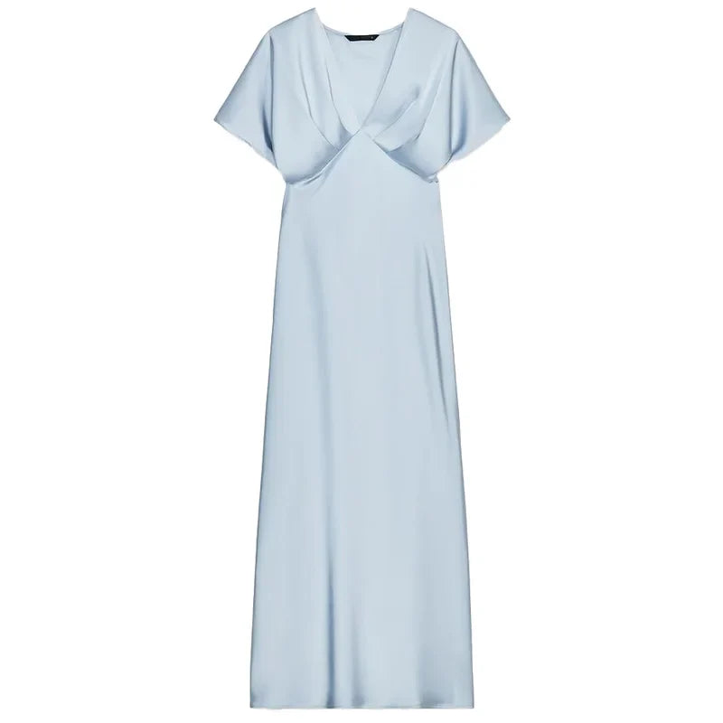 Midi Satin Dress Womens Dresses Black Khaki Blue Dress Summer 2025 Woman Ruffled V-Neck Bat Sleeve Vestido Party Dress 066