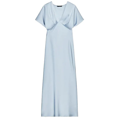 Midi Satin Dress Womens Dresses Black Khaki Blue Dress Summer 2025 Woman Ruffled V-Neck Bat Sleeve Vestido Party Dress 066
