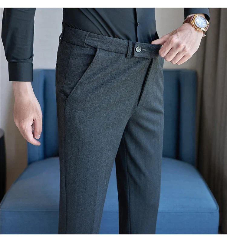 Men's Wool Blend Dress Pants, Elastic Waist Business Trousers, Tapered Slim Fit, Charcoal Gray Black Navy