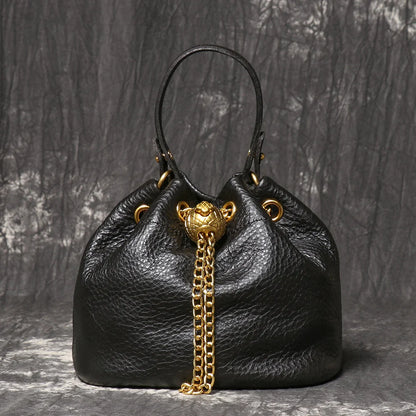 Metal Drawstring Versatile Women's Handbag Genuine Leather Chain Crossbody Bag Vintage Bucket Bag Mobile Phone Bag