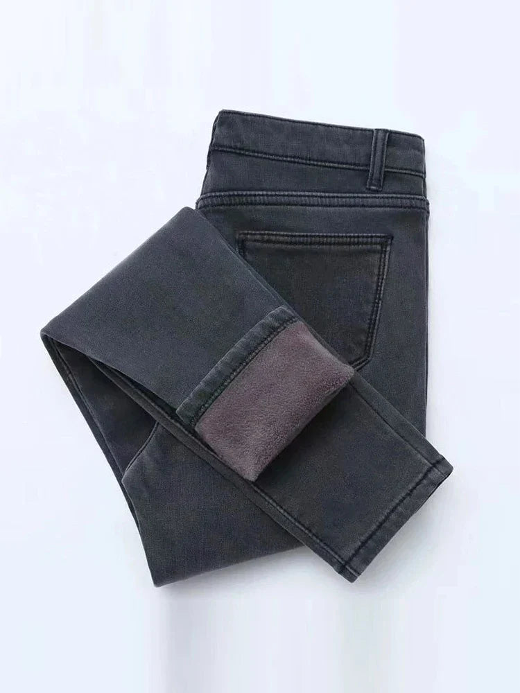 Women's Thick Velvet Jeans, Stretch High Waist Pencil Pants