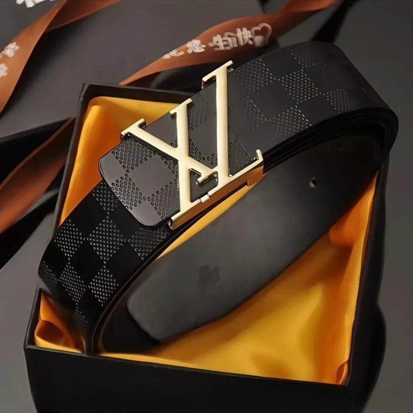 Light Luxury Mens Leather Belt Smooth Buckle Genuine Cowhide Perforated Pattern Fashion Trendy High End Versatile