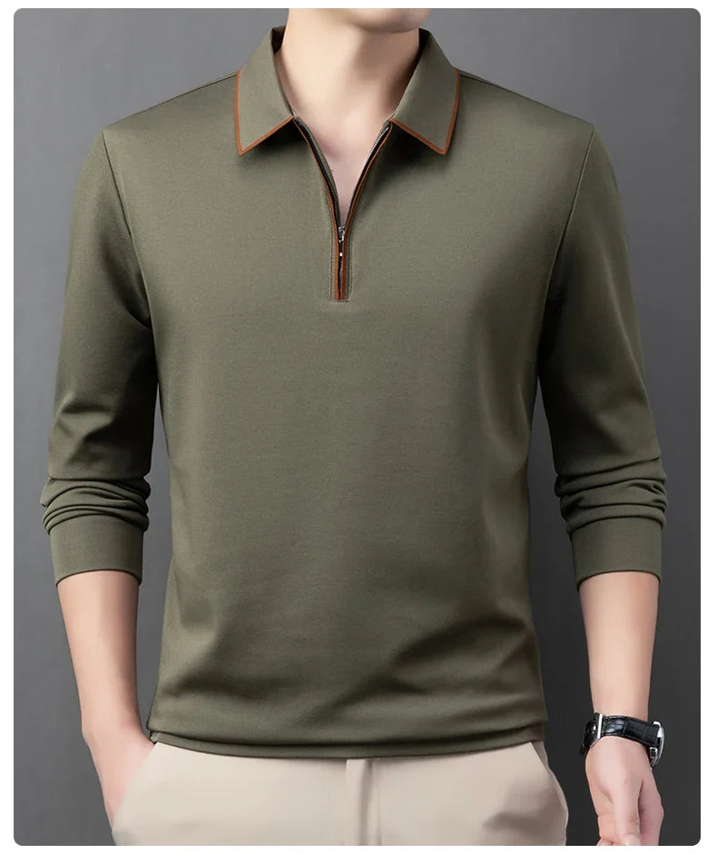 Light luxury brand long sleeved men's polo shirt autumn fashion flip collar half zipper design boutique top silk casual T-shirt