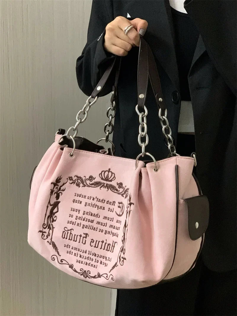 Bolsa Tote Feminina Rosa Vintage Y2K Gótica Estética Grande Capacidade Bordado Letra Retrô Corrente Grunge Viagem Ombro