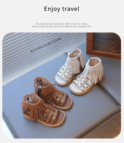 England Style Fashion Tassel Sandals Summer New Side Zipper Rivet High-top Sandals Student Beige Brown Roman Shoes Fringe I05235