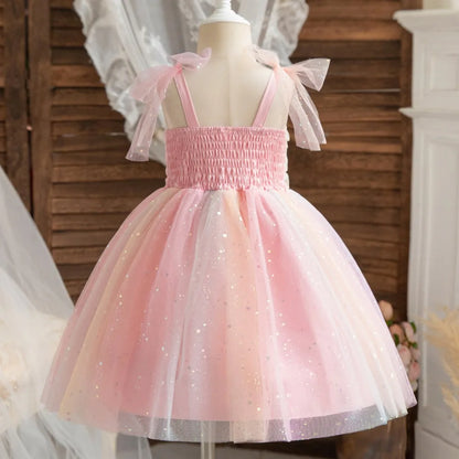 1-5 Years Old Summer Kids Dresses Sleeveless Sequined Sweet Princess Girls Dress Costume Mesh Puffy Rainbow Children's Clothing