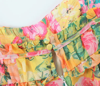 Flower Print Spaghetti Strap Mini Dress Women Backless Skater Lacing up Sling Robe Holiday
