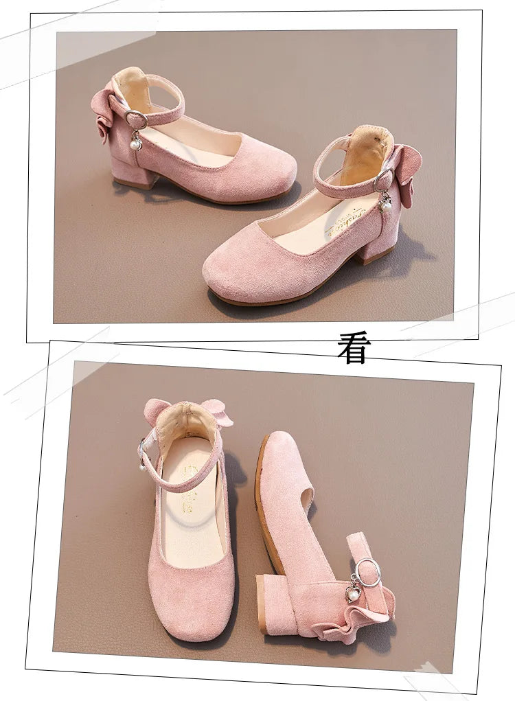 Little Girls Leather Shoes High Heel Baby Girls Party Shoes Bowknot Kid High Heel Shoes for 2023 Spring Princess Pink Shoes PU