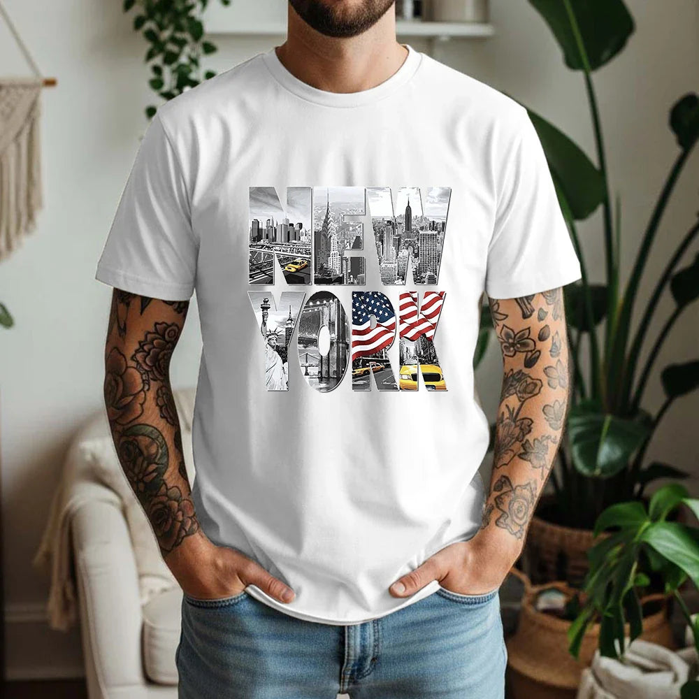 New Summer 100% Cotton T-Shirt New York City Landmark Letter Retro American Street Style Oversized Breathable Short Sleeve