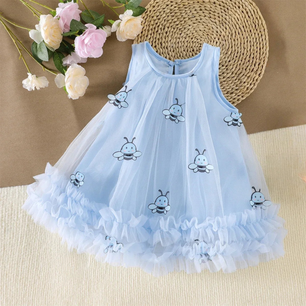 2026 Summer 12M-5Y Childrens Clothes Cute Bee Print Girls Dress with Tulle Skirt Sleeves Fluffy Dress for Girls